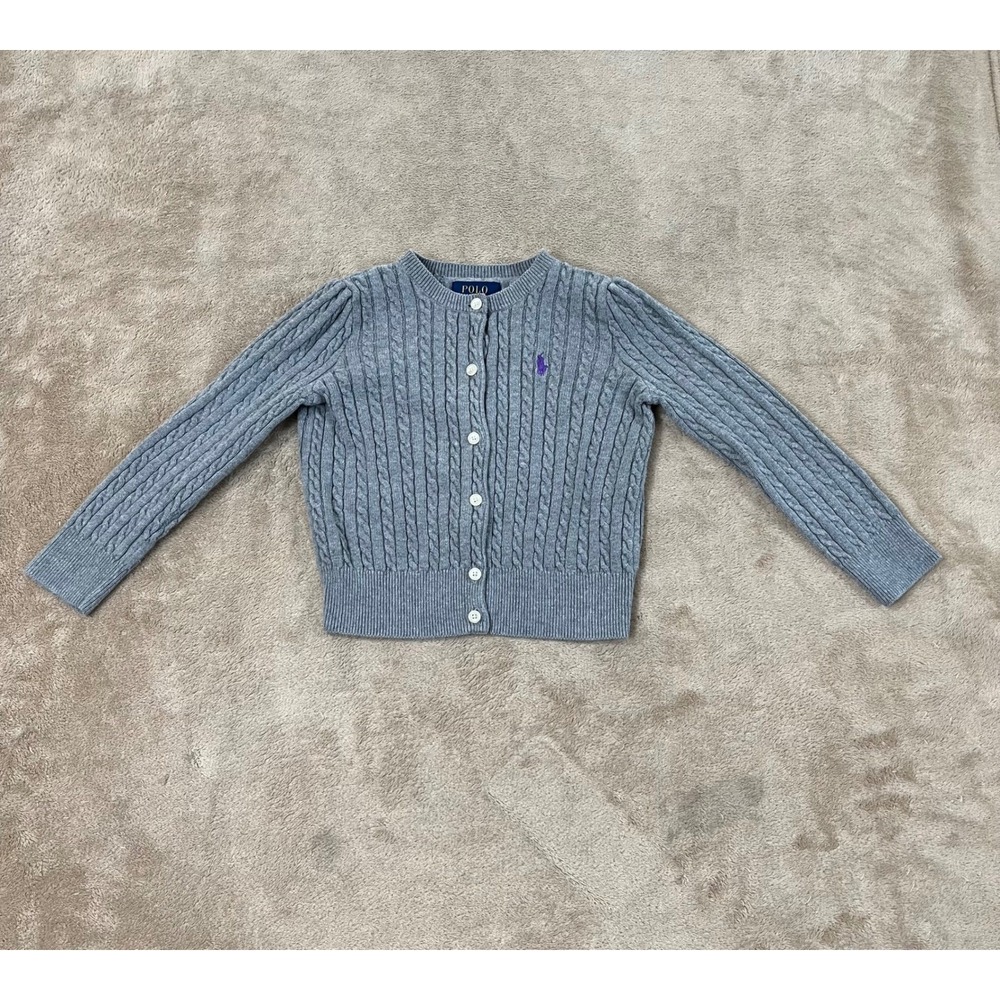 Polo Ralph Lauren Girls 4T Gray Cable Knit Cardigan Sweater Purple Pony Logo